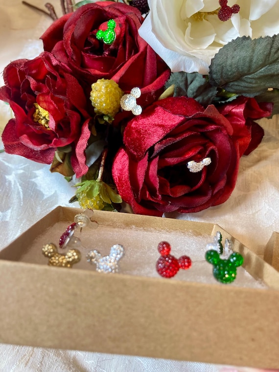 12pc. MICKEY FLOWER PINS, Christmas Mickey Flower Pin, Disney Christmas Wedding Flower Pin, Holiday Mickey Pins, Disney Lover Christmas Gift