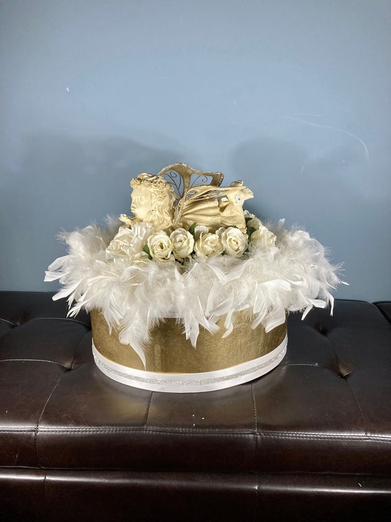 ANGEL CENTERPIECE, Gold Angel Centerpiece, Angel and Feather Centerpiece, Baby Girl Christening Centerpiece, Baby Girl Baptism Centerpiece