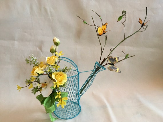 WIRE WATERING CAN, French Wire Watering Can Centerpiece, Watering Can Centerpiece, Home Decor, Yellow and Teal Centerpiece, Garden Party