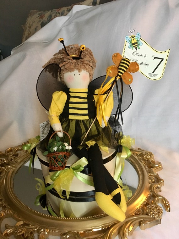 bumble bee doll centerpiece,  bee theme centerpiece,  bee birthday centerpiece, queen bee centerpiece, black and yellow centerpiece