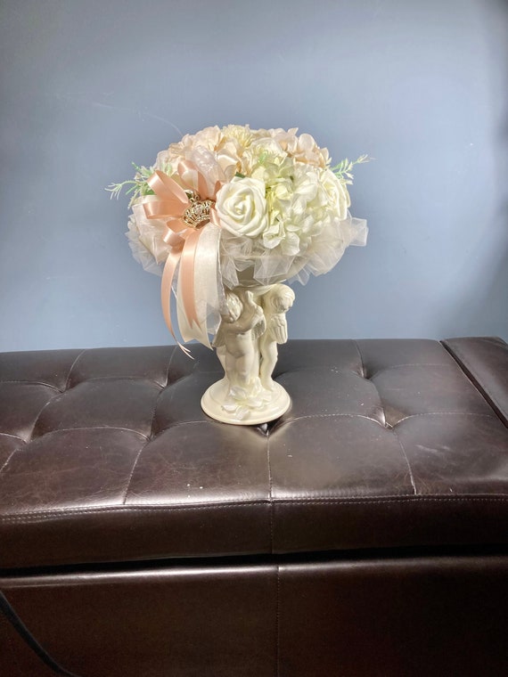 ANGEL CENTERPIECE, Ceramic Angel Statue, Christening Centerpiece, Cherub Decorations, Ivory Ceramic Angel Centerpiece with Flowers, blush