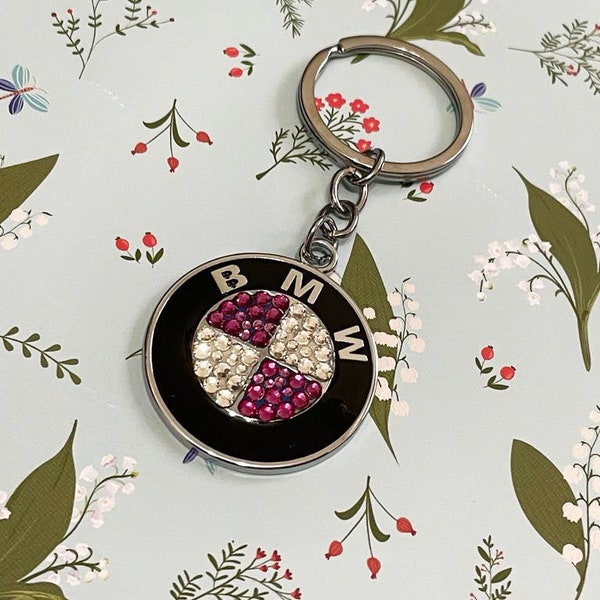 Luxury Car keychain for bmw decorated with black crystals / pink edition /  BMW key ring