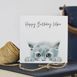 Carte d'anniversaire chat personnalisée pour elle, pour fille, maman chat, ami, soeur, pour grand-mère, pour femme. Carte de joyeux anniversaire chaton gris.
