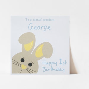 Carte d'anniversaire pour garçon | Personnalisé Petit-fils Fils Filleul Neveu Cousin Bébé garçon Arrière-neveu arrière-petit-fils | Lapin mignon