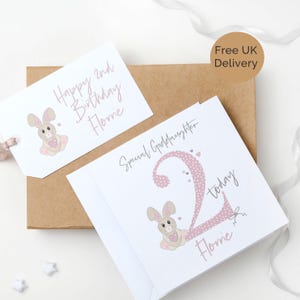 2ème carte personnalisée de lapin d'anniversaire | Étiquette-cadeau assortie en option | Pour fille, petite-fille, filleule | Idées de deuxième anniversaire | 2 ans