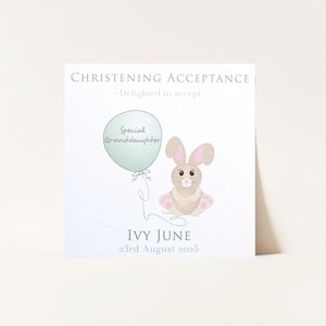 Carte de vœux de baptême pour filles et garçons | Carte d'acceptation personnalisée pour faire-part de baptême | Carte RSVP de lapin mignon