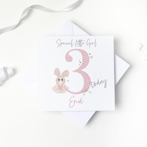 3RD BIRTHDAY CARD for a Girl | Personalised Third Birthday Card for a 3 Year Old | Bunny Birthday Card for Daughter, Niece, Granddaughter.
