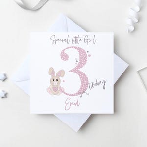 Personalised 3rd Birthday Card for Girl – Flopsy Bunny Rabbit with Pink Number 3 - Special Little Girl, Granddaughter, Daughter, Goddaughter