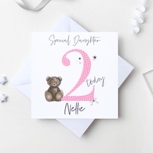 2e carte d'anniversaire personnalisée pour fille - ours en peluche traditionnel et numéro 2 rose pour une fille, une petite-fille, une nièce, une filleule spéciale.
