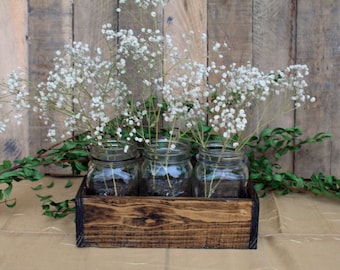 Centro de mesa de tarro de cuarto de caja de madera, centro de mesa de boda, decoración de boda rústica, decoraciones de mesa, madera recuperada