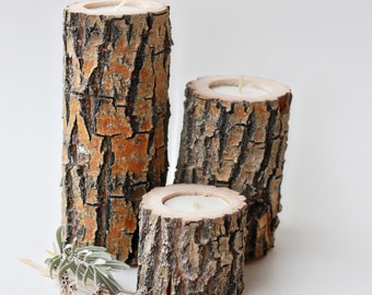 Candelabros de madera de sauce recuperada, juego de velas rústicas