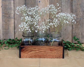 Reclaimed Wood Pint Jar Centerpiece Box, Rustic Wedding Table Decor