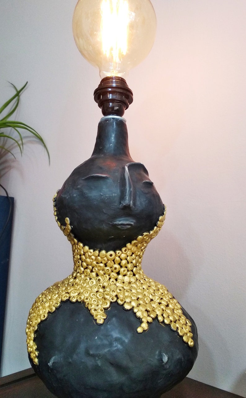 Unique Figurine Ceramic Table Lamp in Black Glaze & Gold Etsy