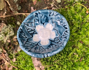 Miniature, hand-built, ceramic, blue and white bowl, earring or ring holder, salt cellar, tiny henna inspired pottery dollhouse celadon