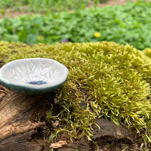 Könnte beinhalten: Eine kleine, weiße Keramikschale mit blauer Glasur und einem strukturierten Blumenmuster. Die Schale steht auf einem Moosbett.