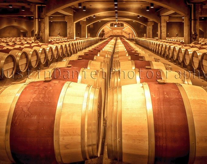 Robert Mondavi Winery in Napa Valley, California wine barrel storage on metal print with a high gloss finish