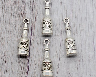 Wine Bottle with Glasses Silver Charm Pendant C1345 10 PCS