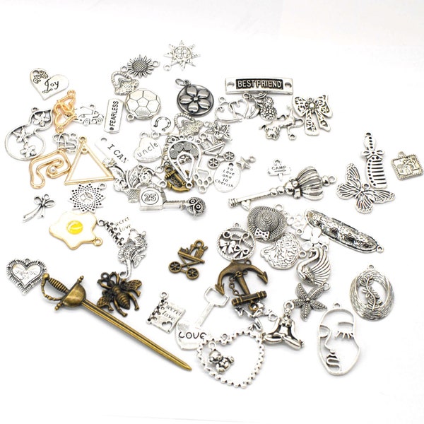 SALE!  60PCS, Random Mix Assorted Grab Bag Charms, Findings Antique Silver Tone, Bronze Tone, Lockets, Connectors, DIY Jewelry Charms Mix