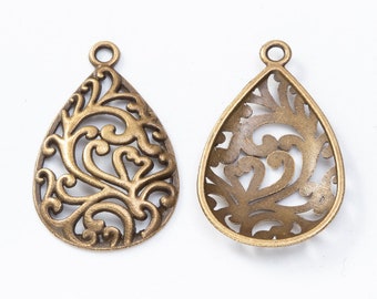 Clearance! 40PCS Antique Bronze Tone Filigree Teardrop Charm Pendant, Drop Filigree Charm Pendant  21X34mm, LB12-8374