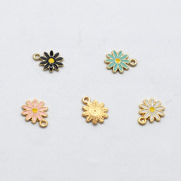 Clearance! 15PCS, Gold Tone Enamel Flower Charms Pendants, Black, Green, White, Pink Flower Earrings Necklace DIY Supply, 9X12mm, GC62-SJ24