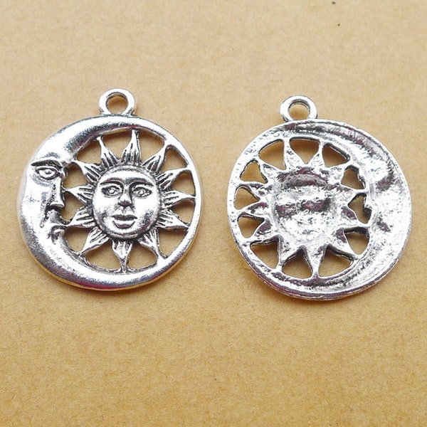 8 or 20PCS, Antique Silver Moon And Sun Face Charm Pendant, Celestial DIY Jewelry Supplies, Sun Star Moon Charms --- 25X29mm, JHS533