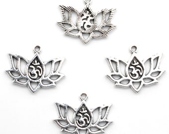 15PCS or 40PCS, Antique Silver Tone YOGA Symbol Charm Pendant, OM OHM Lotus Flower Charm Pendant -- 20mmX16mm JHS720-41113