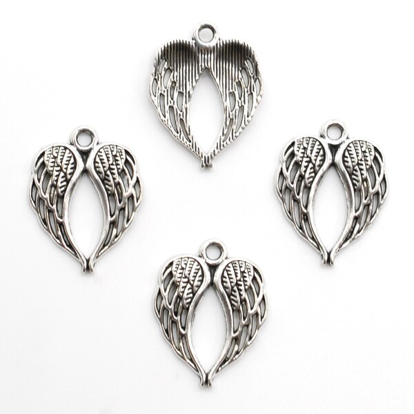 20 or 50PCS, Antique Silver Tone Heart Shaped ANGEL WINGS Charm Pendant, Inspiration, Memorial, Remembrance Charms, 17X22mm, JHS646-41583