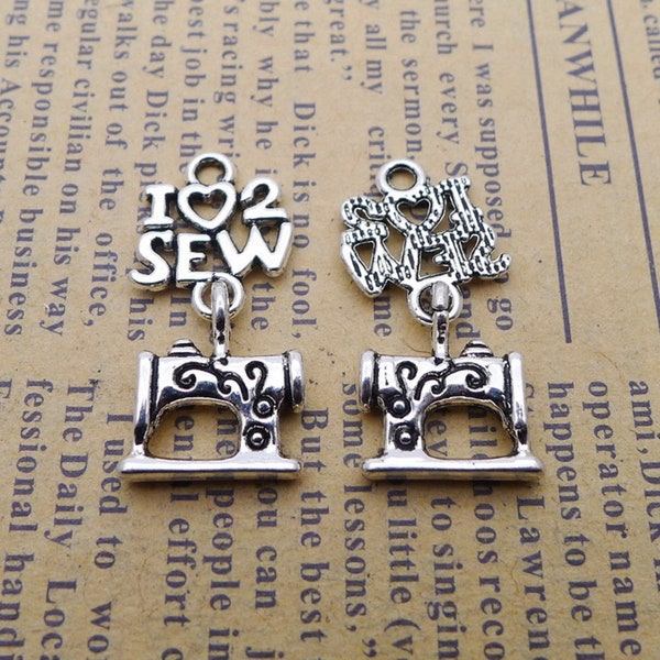4 or 10PCS, Antique Silver Tone Sewing Machine Charm Pendant, I Love To Sew Charm Pendant, Seamstress Tailor Charms, 12X25mm, JHS209-3595