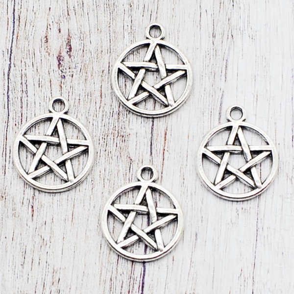 20 or 50PCS, Antique Silver Tone Star in Circle Charm Pendant, Double Sided Pentagram Charms, Pentacle Charm  --- 20X17mm, CC07-3929