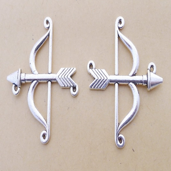 4 or 10PCS, Antique Silver BOW & ARROW Charm Pendant, Archery Charm, Crossbow Connector, Hunter Charms Supply, 45X46mm, CC161-2207