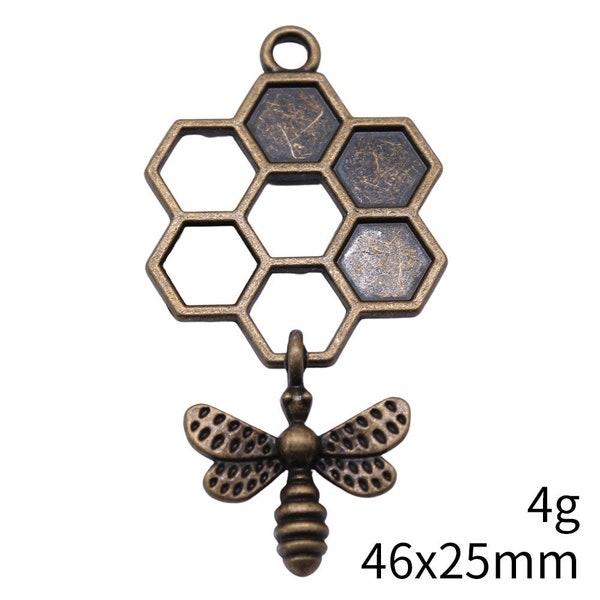 2 or 5PCS Large Antique Bronze Tone Honeycomb Charm with Hanging Bee, Silver Charm, Save the Bees, Dangle Bee -- 46X25mm XCB01