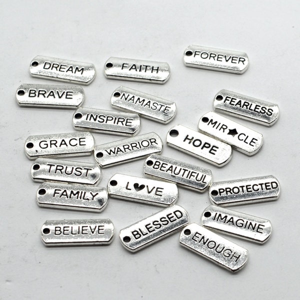100PCS 20 Word Charm Collection, Antique Silver Tone Inspirational Affirmation Tag Word Charm Pendant Sets, 20X8mm, C03