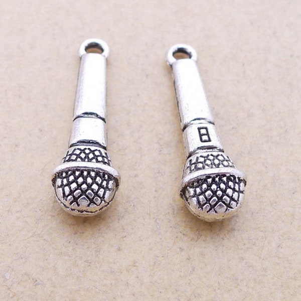 12 or 30PCS, Antique Silver Tone 3D Microphone Charm Pendant, Musician Charm Pendant, Music Jewelry Supply 26mmX7mm, JHS350-13278