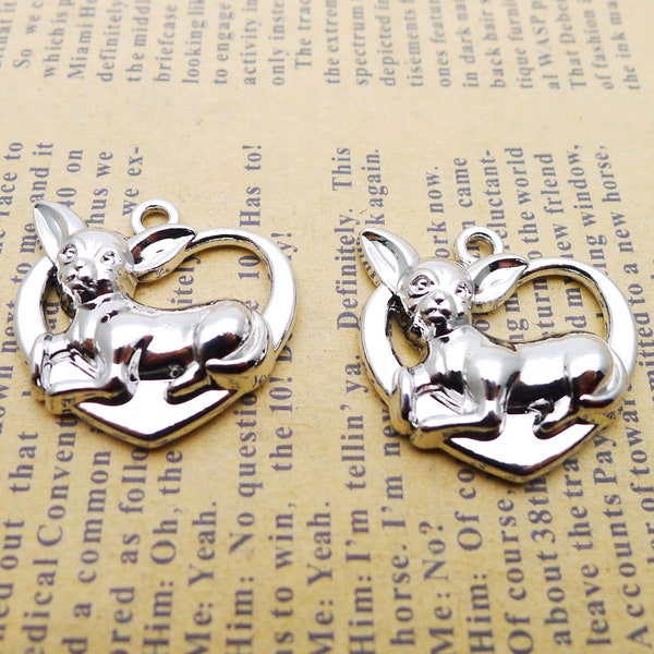 6 or 15PCS Antique Silver Chihuahua Heart Charm Pendant --- Pet Dog Memorial Charms Pendants Supply ---- 23X24mm, JHS21