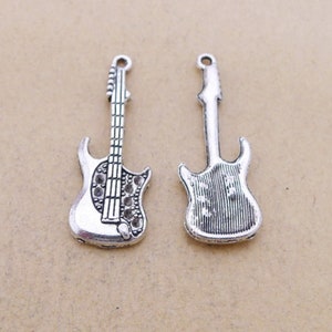 10 or 25PCS Antique Silver Tone Guitar Charm Pendant, Musical Instrument Charm Pendant, Musician Charm Supply Wholesale 14X38mm CC133-4745