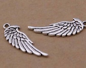 15PCS or 40PCS Antique Silver ANGEL WING Charm Pendant, 2 Sided Left or Right Charm, Inspiration Memorial Charms Supply 11X33mm, CC39-780