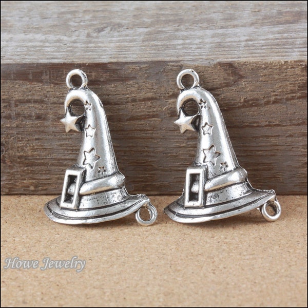 4 or 10PCS, Antique Silver Witch Hat Connector Charm Pendant, Wizard Hat, Halloween Connector Pendant Jewelry Supply, 36mmX27mm JHS337-7339