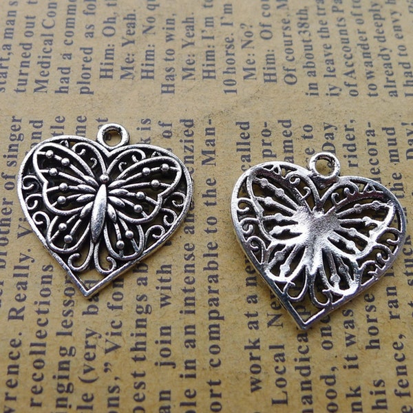 12 or 30PCS, Antique Silver Tone Butterfly Heart Charm Pendant, Raised Filigree Butterfly on Heart Pendant Charm,  22X22mm, JHS932-8235