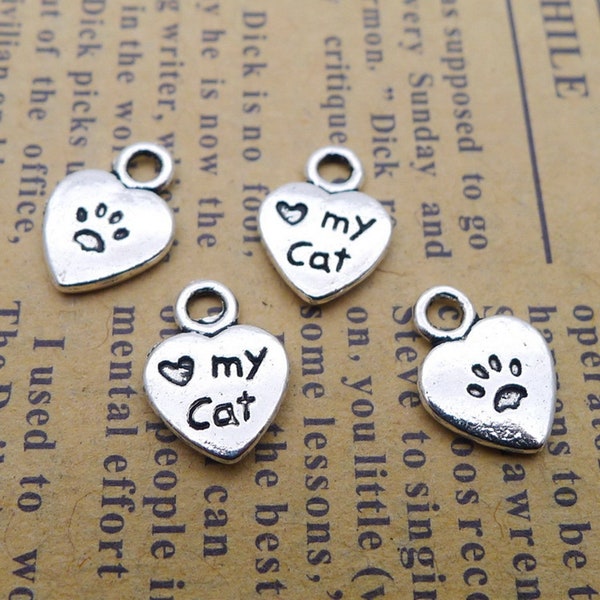 30PCS or 80PCS, Antique Silver Love My Cat Heart Charm, Paw Print Charm Pendant, Loss of Pet Cat Memorial Charm, 8X12mm, JHS1004-1140