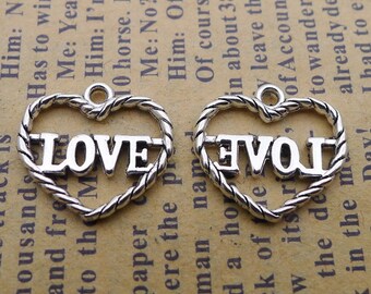 25 or 60PCS, Antique Silver LOVE Heart Charm Pendant, Valentine's Day Word Charms, Jewelry DIY Supplies ---14X15mm, JHS387-WW66