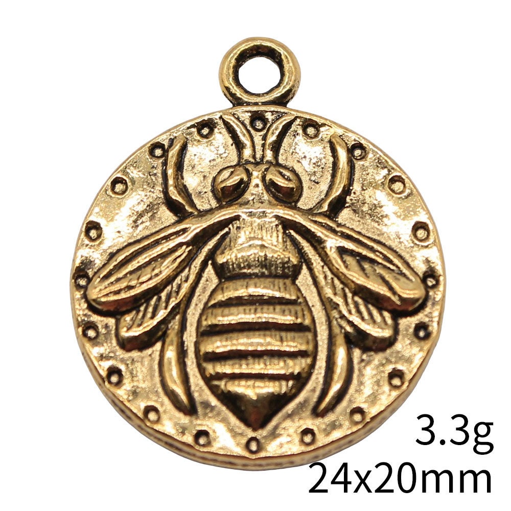 6 or 15PCS, Antique Gold Tone BEE Round Charm Pendant, 2 6 or 15PCS, Antique Gold Tone BEE Round Charm Pendant, 2