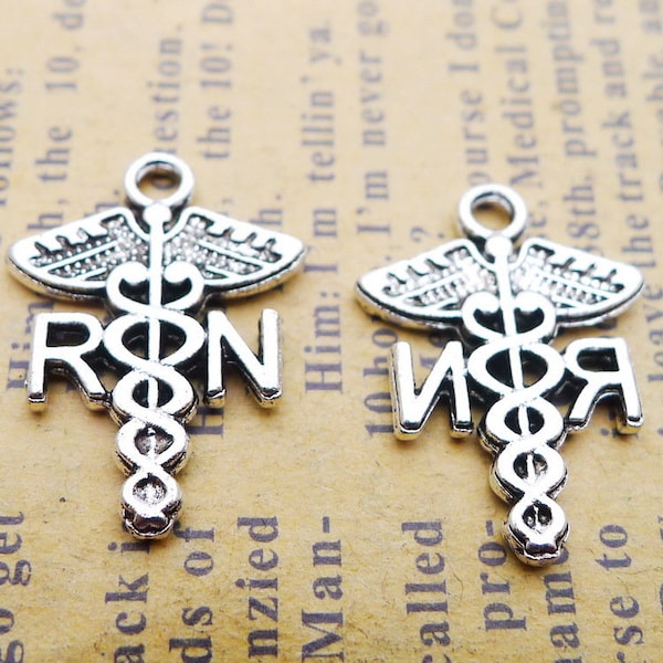 15 or 40PCS Bulk Sale, Antique Silver Tone RN Caduceus Medical Symbol Charm Pendant, Nurse Charm Pendant, 15X20mm JHS476