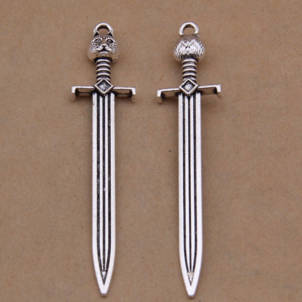 6 or 15PCS, Antique Silver Sword Charm Pendant, Large Silver Cat Sword Charm Pendant --- Inspiration Charms, 62mmX15mm, CC85-5078