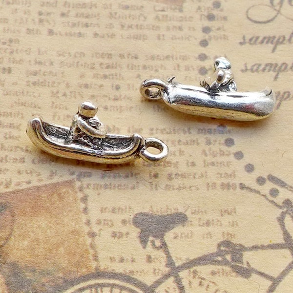 20 or 50PCS 3D Antique Silver Tone Canoe, Kayak, Boat, Boating, Fishing, Water Sport Charms Supply --- 9X19mm JHS1073-7291