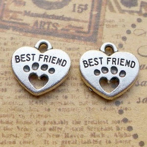 12PCS or 30PCS, Antique Silver Tone BEST FRIEND Paw Print Heart Charm Pendant, Loss of Pet, Dog Cat Memorial Charms, 14mmX15mm, CC165-7494