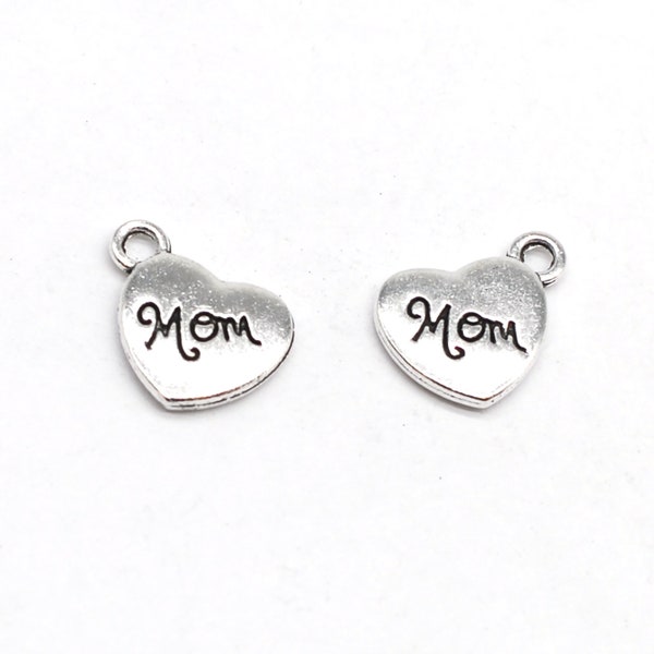 12 or 30PCS Antique Silver Tone MOM Heart Pad Word Pendant, 2 Sided Family Charms, DIY Memorial Jewelry Supply, 15X17mm C04 Charm-MOM