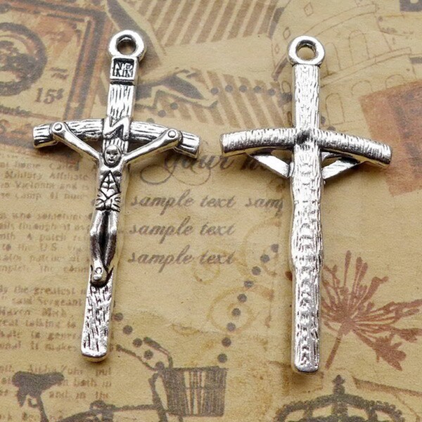 Clearance!  15PCS, Antique Silver Tone JESUS CROSS Charm Pendant, Crucifix Pendant Charm, Religious Jewelry Supply, 25X51mm, JHS1217-5077