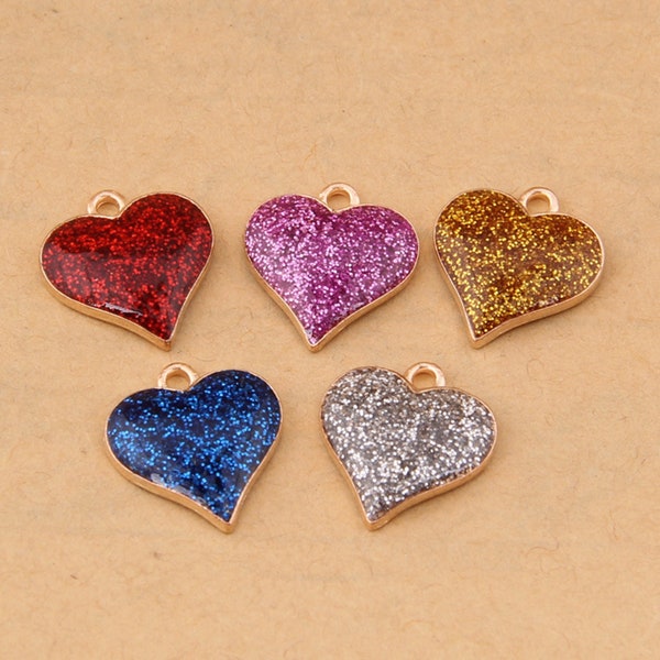 4 or 10PCS, Enamel Gold Tone Heart Charms Pendants, Red, Gold, Blue, Pink, Silver Glitter Heart Charm Jewelry Supply -- 15X17mm, GC54-DY303