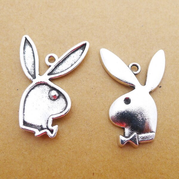 4 or 10PCS Antique Silver Tone Playboy Bunny Rabbit Charm Pendant, Bunny Head Charms Wholesale Bulk, 23X32mm JHS629-165