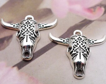 12 or 30PCS Bulk Sale, Antique Silver Tone Bull, Steer, Cow Skull Charm Pendant, DIY Animal Jewelry Supply, 25X29mm, JHS757-373